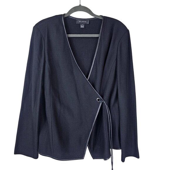 St. John Jackets & Blazers - St. John Santana Knit Black Wrap Jacket 16 Leather Trim Textured Quiet Luxury